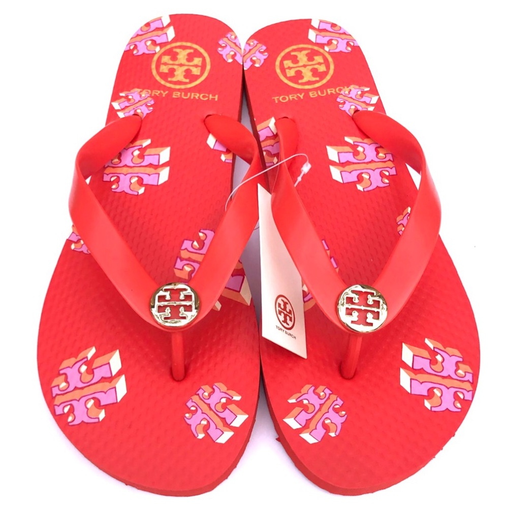 {Tory Burch} Poppy Red Logo Allover Flip Flops